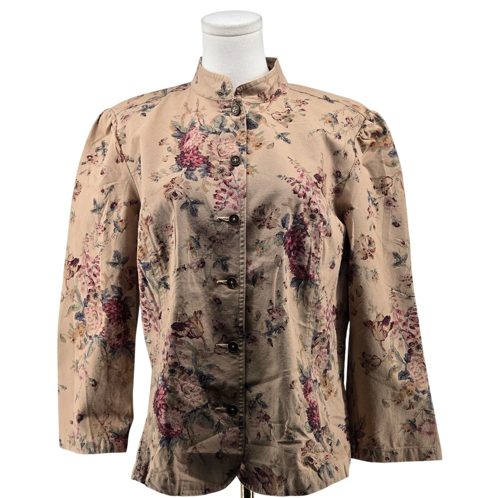 Chaps Jacket Womens XL Beige Floral Twill Collared Button Front Unlined Pockets